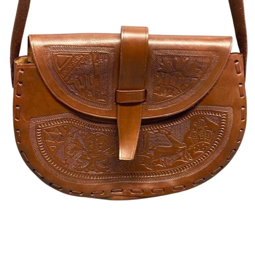 Handmade Peruvian Tooled Leather Shoulder Bag Mayan Design, Large Brown Unlined - Picture 3 of 7